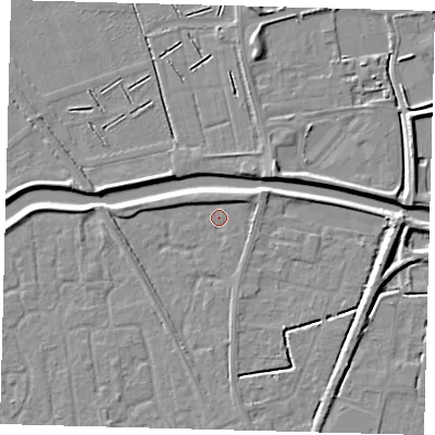Shaded relief map of the ground around PE111GP, computed from Environment Agency LiDAR. The ground here sits at about 3 m above sea level and falls 5 m across the surrounding 800 m. Surface water reaching this point runs off ground lying to the north, 2.4 m higher.
