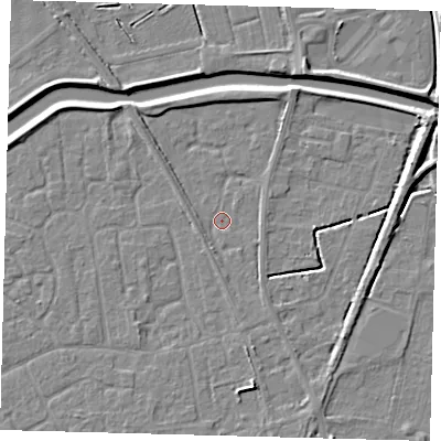 Shaded relief map of the ground around PE111GQ, computed from Environment Agency LiDAR. The ground here sits at about 3 m above sea level and falls 5 m across the surrounding 800 m. Surface water reaching this point runs off ground lying to the south-south-west, 1.3 m higher.