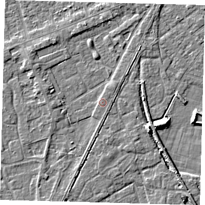 Shaded relief map of the ground around PE111GT, computed from Environment Agency LiDAR. The ground here sits at about 4 m above sea level and falls 9 m across the surrounding 800 m. Surface water reaching this point runs off ground lying to the west-north-west, 2.6 m higher.