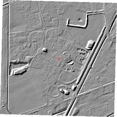 Shaded relief map of the ground around PE111GX, computed from Environment Agency LiDAR. The ground here sits at about 4 m above sea level and falls 11 m across the surrounding 800 m. Surface water reaching this point runs off ground lying to the east-north-east, 0.6 m higher.