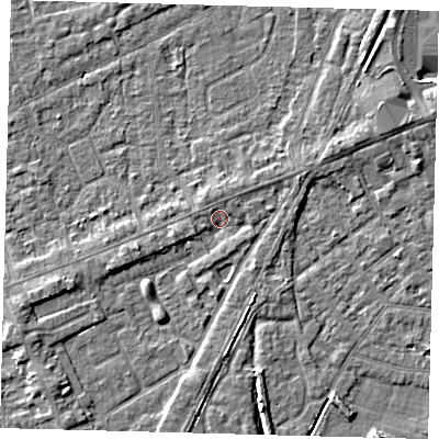 Shaded relief map of the ground around PE111GY, computed from Environment Agency LiDAR. The ground here sits at about 4 m above sea level and falls 4 m across the surrounding 800 m. Surface water reaching this point runs off ground lying to the west-south-west, 1.5 m higher.
