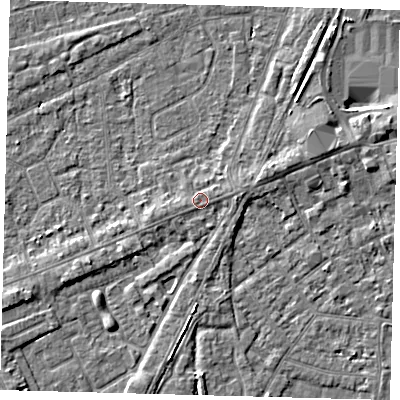 Shaded relief map of the ground around PE111HA, computed from Environment Agency LiDAR. The ground here sits at about 4 m above sea level and falls 4 m across the surrounding 800 m. Surface water reaching this point runs off ground lying to the east-north-east, 0.9 m higher.