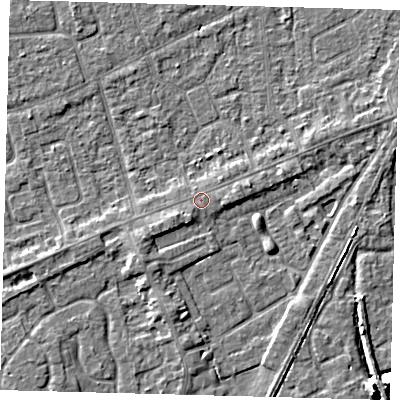 Shaded relief map of the ground around PE111HH, computed from Environment Agency LiDAR. The ground here sits at about 4 m above sea level and falls 9 m across the surrounding 800 m. The ground contributing surface water to this point lies to the east.