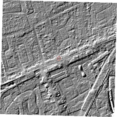 Shaded relief map of the ground around PE111HQ, computed from Environment Agency LiDAR. The ground here sits at about 4 m above sea level and falls 7 m across the surrounding 800 m. The ground contributing surface water to this point lies to the east.