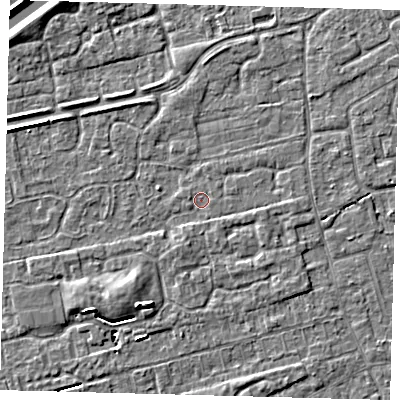 Shaded relief map of the ground around PE111HX, computed from Environment Agency LiDAR. The ground here sits at about 3 m above sea level and falls 5 m across the surrounding 800 m. The ground contributing surface water to this point lies to the east-south-east.