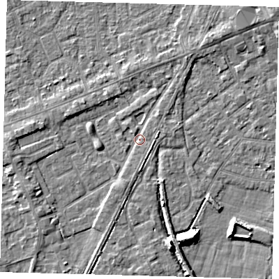 Shaded relief map of the ground around PE111JB, computed from Environment Agency LiDAR. The ground here sits at about 4 m above sea level and falls 9 m across the surrounding 800 m. Surface water reaching this point runs off ground lying to the east, 2.3 m higher.