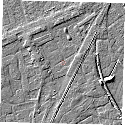 Shaded relief map of the ground around PE111JD, computed from Environment Agency LiDAR. The ground here sits at about 3 m above sea level and falls 9 m across the surrounding 800 m. Surface water reaching this point runs off ground lying to the west-south-west, 2.1 m higher.