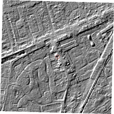 Shaded relief map of the ground around PE111JH, computed from Environment Agency LiDAR. The ground here sits at about 4 m above sea level and falls 3 m across the surrounding 800 m. Surface water reaching this point runs off ground lying to the south-east, 2.5 m higher.