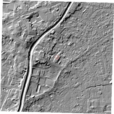 Shaded relief map of the ground around PE111JP, computed from Environment Agency LiDAR. The ground here sits at about 5 m above sea level and falls 6 m across the surrounding 800 m. Surface water reaching this point runs off ground lying to the west, 4.2 m higher.