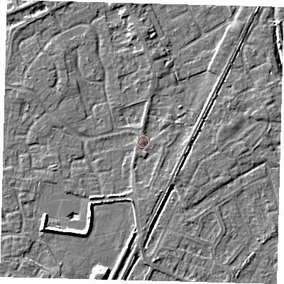 Shaded relief map of the ground around PE111JQ, computed from Environment Agency LiDAR. The ground here sits at about 4 m above sea level and falls 6 m across the surrounding 800 m. Surface water reaching this point runs off ground lying to the south-west, 2.5 m higher.