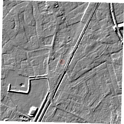 Shaded relief map of the ground around PE111JU, computed from Environment Agency LiDAR. The ground here sits at about 3 m above sea level and falls 9 m across the surrounding 800 m. Surface water reaching this point runs off ground lying to the south, 1.2 m higher.