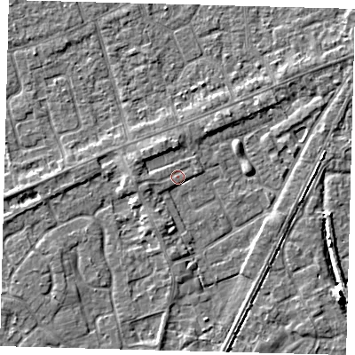 Shaded relief map of the ground around PE111JY, computed from Environment Agency LiDAR. The ground here sits at about 4 m above sea level and falls 7 m across the surrounding 800 m. Surface water reaching this point runs off ground lying to the south-south-west, 2.6 m higher.