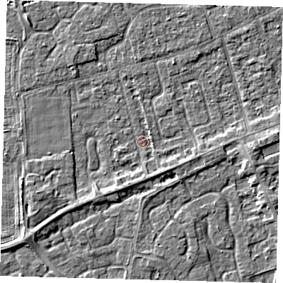 Shaded relief map of the ground around PE111LA, computed from Environment Agency LiDAR. The ground here sits at about 3 m above sea level and falls 4 m across the surrounding 800 m. Surface water reaching this point runs off ground lying to the south, 1.7 m higher.