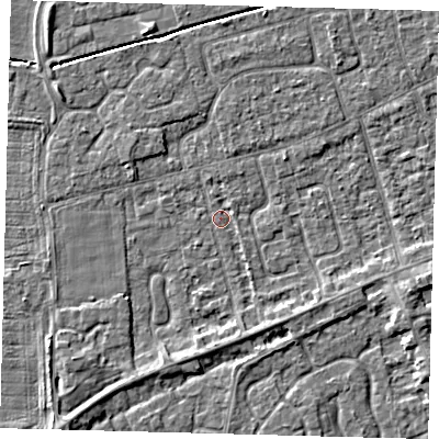 Shaded relief map of the ground around PE111LB, computed from Environment Agency LiDAR. The ground here sits at about 3 m above sea level and falls 4 m across the surrounding 800 m. Surface water reaching this point runs off ground lying to the east-south-east, 2.7 m higher.