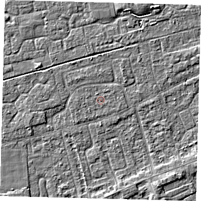 Shaded relief map of the ground around PE111LP, computed from Environment Agency LiDAR. The ground here sits at about 3 m above sea level and falls 5 m across the surrounding 800 m. The ground contributing surface water to this point lies to the east.