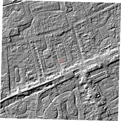 Shaded relief map of the ground around PE111ND, computed from Environment Agency LiDAR. The ground here sits at about 3 m above sea level and falls 4 m across the surrounding 800 m. Surface water reaching this point runs off ground lying to the south, 1.8 m higher.