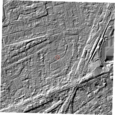 Shaded relief map of the ground around PE111NJ, computed from Environment Agency LiDAR. The ground here sits at about 3 m above sea level and falls 4 m across the surrounding 800 m. Surface water reaching this point runs off ground lying to the south-east, 2.3 m higher.
