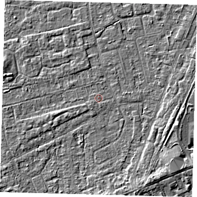 Shaded relief map of the ground around PE111PA, computed from Environment Agency LiDAR. The ground here sits at about 3 m above sea level and falls 4 m across the surrounding 800 m. The ground contributing surface water to this point lies to the south-west.