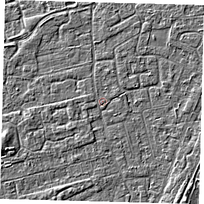 Shaded relief map of the ground around PE111PB, computed from Environment Agency LiDAR. The ground here sits at about 3 m above sea level and falls 4 m across the surrounding 800 m. The ground contributing surface water to this point lies to the east-north-east.