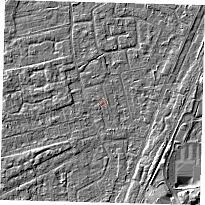 Shaded relief map of the ground around PE111PD, computed from Environment Agency LiDAR. The ground here sits at about 3 m above sea level and falls 4 m across the surrounding 800 m. The ground contributing surface water to this point lies to the west-north-west.