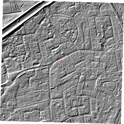 Shaded relief map of the ground around PE111PE, computed from Environment Agency LiDAR. The ground here sits at about 3 m above sea level and falls 4 m across the surrounding 800 m. Surface water reaching this point runs off ground lying to the east-north-east, 1.2 m higher.