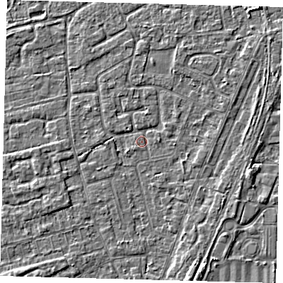 Shaded relief map of the ground around PE111PJ, computed from Environment Agency LiDAR. The ground here sits at about 3 m above sea level and falls 3 m across the surrounding 800 m. Surface water reaching this point runs off ground lying to the east-north-east, 1.7 m higher.