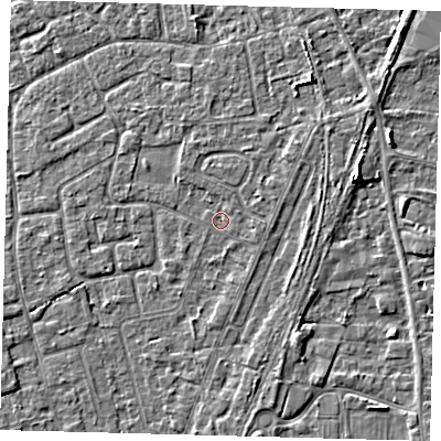 Shaded relief map of the ground around PE111PN, computed from Environment Agency LiDAR. The ground here sits at about 3 m above sea level and falls 4 m across the surrounding 800 m. Surface water reaching this point runs off ground lying to the east-north-east, 0.5 m higher.