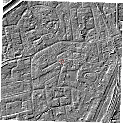 Shaded relief map of the ground around PE111PR, computed from Environment Agency LiDAR. The ground here sits at about 3 m above sea level and falls 4 m across the surrounding 800 m. Surface water reaching this point runs off ground lying to the east, 0.5 m higher.