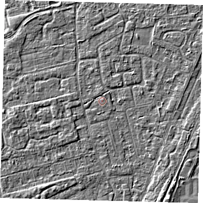Shaded relief map of the ground around PE111PS, computed from Environment Agency LiDAR. The ground here sits at about 3 m above sea level and falls 3 m across the surrounding 800 m. Surface water reaching this point runs off ground lying to the north, 1.0 m higher.
