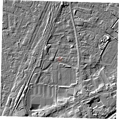 Shaded relief map of the ground around PE111QB, computed from Environment Agency LiDAR. The ground here sits at about 4 m above sea level and falls 5 m across the surrounding 800 m. Surface water reaching this point runs off ground lying to the south-south-east, 4.8 m higher.
