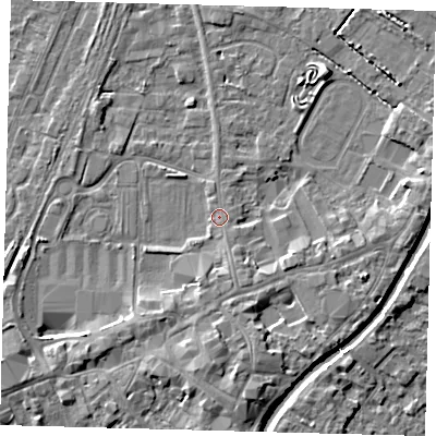 Shaded relief map of the ground around PE111QD, computed from Environment Agency LiDAR. The ground here sits at about 4 m above sea level and falls 5 m across the surrounding 800 m. Surface water reaching this point runs off ground lying to the south-south-east, 0.5 m higher.