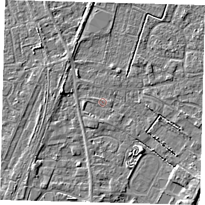 Shaded relief map of the ground around PE111QE, computed from Environment Agency LiDAR. The ground here sits at about 4 m above sea level and falls 5 m across the surrounding 800 m. Surface water reaching this point runs off ground lying to the south-south-west, 0.8 m higher.