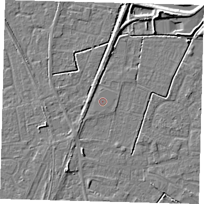 Shaded relief map of the ground around PE111QG, computed from Environment Agency LiDAR. The ground here sits at about 4 m above sea level and falls 8 m across the surrounding 800 m. The ground contributing surface water to this point lies to the south-south-west.