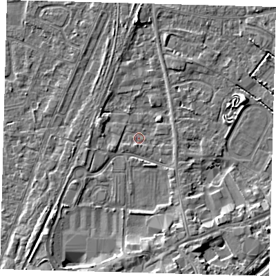 Shaded relief map of the ground around PE111QJ, computed from Environment Agency LiDAR. The ground here sits at about 3 m above sea level and falls 5 m across the surrounding 800 m. Surface water reaching this point runs off ground lying to the south-south-east, 4.4 m higher.