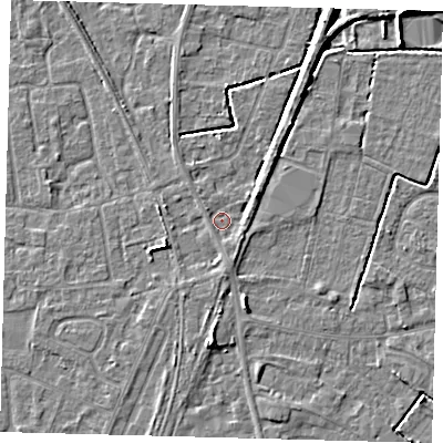 Shaded relief map of the ground around PE111QL, computed from Environment Agency LiDAR. The ground here sits at about 4 m above sea level and falls 6 m across the surrounding 800 m. Surface water reaching this point runs off ground lying to the south-south-east, 1.9 m higher.