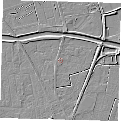 Shaded relief map of the ground around PE111QN, computed from Environment Agency LiDAR. The ground here sits at about 3 m above sea level and falls 8 m across the surrounding 800 m. Surface water reaching this point runs off ground lying to the east-north-east, 4.8 m higher.