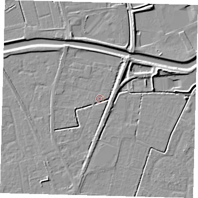 Shaded relief map of the ground around PE111QP, computed from Environment Agency LiDAR. The ground here sits at about 3 m above sea level and falls 8 m across the surrounding 800 m. Surface water reaching this point runs off ground lying to the north-east, 4.2 m higher.