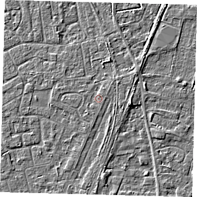 Shaded relief map of the ground around PE111QT, computed from Environment Agency LiDAR. The ground here sits at about 4 m above sea level and falls 5 m across the surrounding 800 m. Surface water reaching this point runs off ground lying to the east, 0.7 m higher.