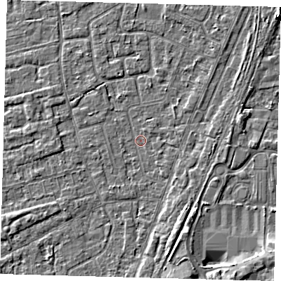Shaded relief map of the ground around PE111QX, computed from Environment Agency LiDAR. The ground here sits at about 3 m above sea level and falls 4 m across the surrounding 800 m. Surface water reaching this point runs off ground lying to the east, 1.5 m higher.