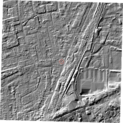 Shaded relief map of the ground around PE111QY, computed from Environment Agency LiDAR. The ground here sits at about 3 m above sea level and falls 4 m across the surrounding 800 m. Surface water reaching this point runs off ground lying to the south-south-east, 2.3 m higher.