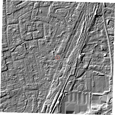 Shaded relief map of the ground around PE111QZ, computed from Environment Agency LiDAR. The ground here sits at about 4 m above sea level and falls 4 m across the surrounding 800 m. Surface water reaching this point runs off ground lying to the north-east, 1.1 m higher.