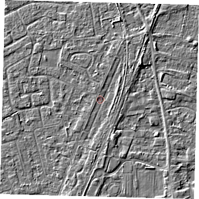 Shaded relief map of the ground around PE111RA, computed from Environment Agency LiDAR. The ground here sits at about 4 m above sea level and falls 4 m across the surrounding 800 m. Surface water reaching this point runs off ground lying to the north-east, 1.0 m higher.
