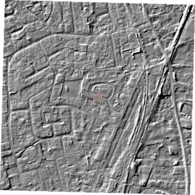 Shaded relief map of the ground around PE111RB, computed from Environment Agency LiDAR. The ground here sits at about 4 m above sea level and falls 4 m across the surrounding 800 m. Surface water reaching this point runs off ground lying to the east-south-east, 0.7 m higher.