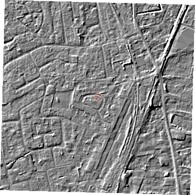 Shaded relief map of the ground around PE111RD, computed from Environment Agency LiDAR. The ground here sits at about 4 m above sea level and falls 5 m across the surrounding 800 m. Surface water reaching this point runs off ground lying to the south-south-east, 0.7 m higher.