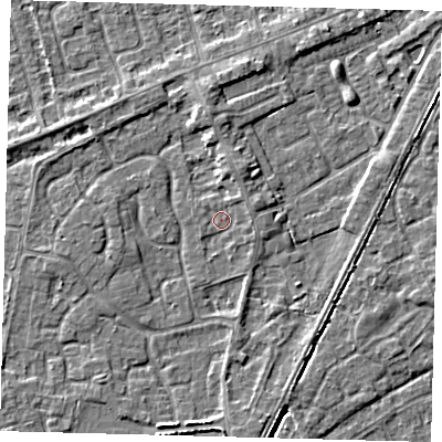 Shaded relief map of the ground around PE111RE, computed from Environment Agency LiDAR. The ground here sits at about 3 m above sea level and falls 4 m across the surrounding 800 m. Surface water reaching this point runs off ground lying to the north-north-east, 2.8 m higher.