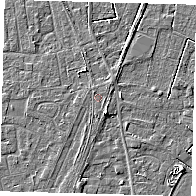 Shaded relief map of the ground around PE111RF, computed from Environment Agency LiDAR. The ground here sits at about 4 m above sea level and falls 5 m across the surrounding 800 m. Surface water reaching this point runs off ground lying to the south, 0.8 m higher.