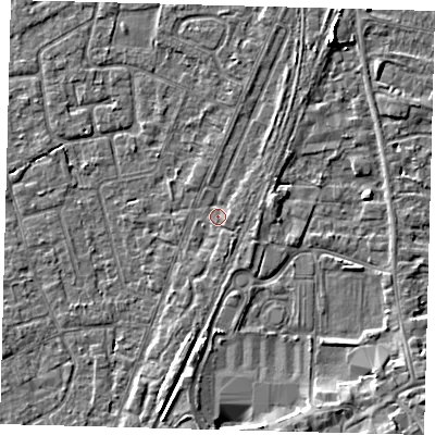 Shaded relief map of the ground around PE111RG, computed from Environment Agency LiDAR. The ground here sits at about 4 m above sea level and falls 4 m across the surrounding 800 m. Surface water reaching this point runs off ground lying to the east-south-east, 0.9 m higher.