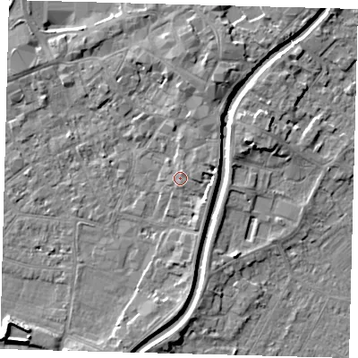 Shaded relief map of the ground around PE111RL, computed from Environment Agency LiDAR. The ground here sits at about 5 m above sea level and falls 5 m across the surrounding 800 m. Surface water reaching this point runs off ground lying to the east-north-east, 1.2 m higher.