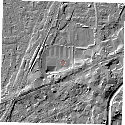 Shaded relief map of the ground around PE111RQ, computed from Environment Agency LiDAR. The ground here sits at about 4 m above sea level and falls 5 m across the surrounding 800 m. Surface water reaching this point runs off ground lying to the south-east, 1.6 m higher.