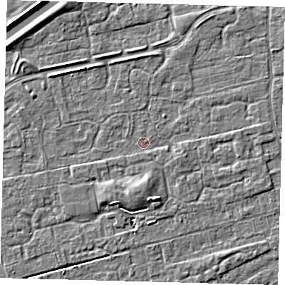 Shaded relief map of the ground around PE111RR, computed from Environment Agency LiDAR. The ground here sits at about 3 m above sea level and falls 5 m across the surrounding 800 m. Surface water reaching this point runs off ground lying to the south, 3.3 m higher.